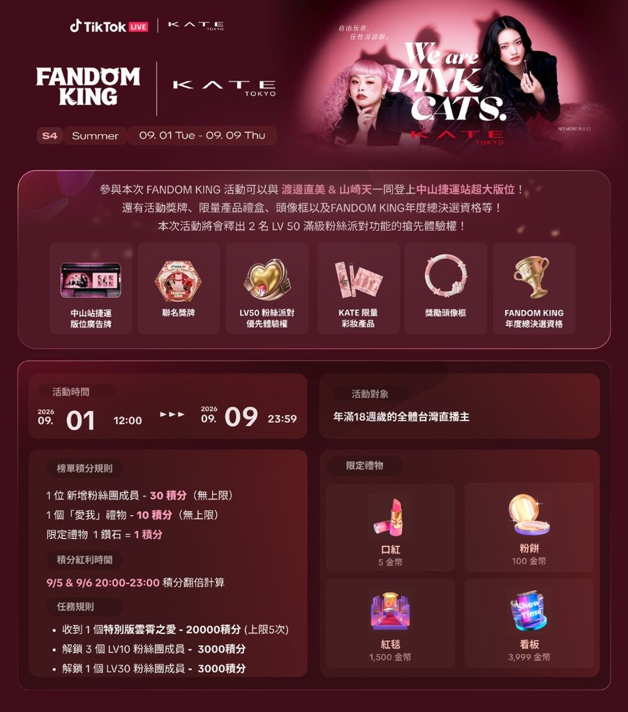 FANDOM KING × KATE 活動主視覺，渡邊直美與山崎天代言